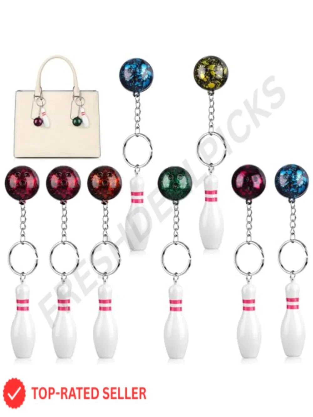 8pc PVC Bowling Pin Keychain Charms Bag Accessories Party Favors